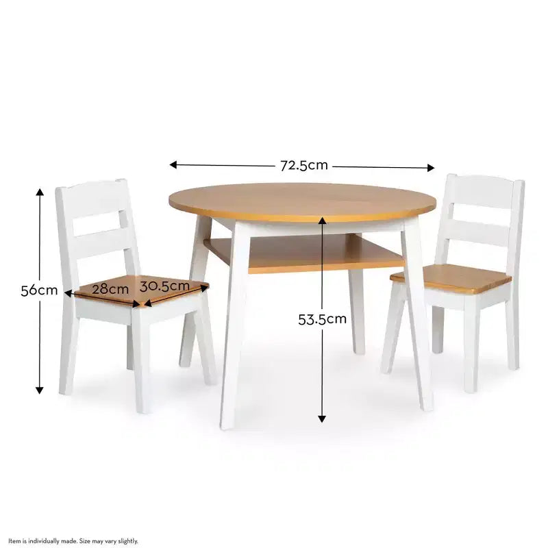 Melissa & Doug Wooden Round Table and 2 Chairs Set – Light Woodgrain and White 2-Tone Finish