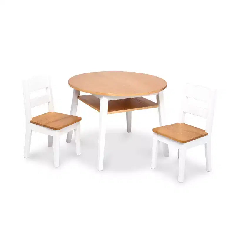Melissa & Doug Wooden Round Table and 2 Chairs Set – Light Woodgrain and White 2-Tone Finish