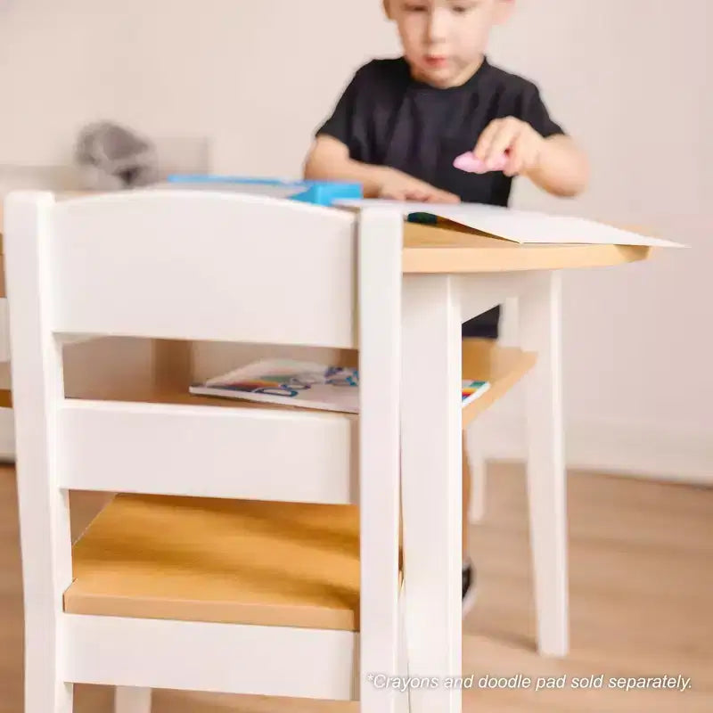 Melissa & Doug Wooden Round Table and 2 Chairs Set – Light Woodgrain and White 2-Tone Finish