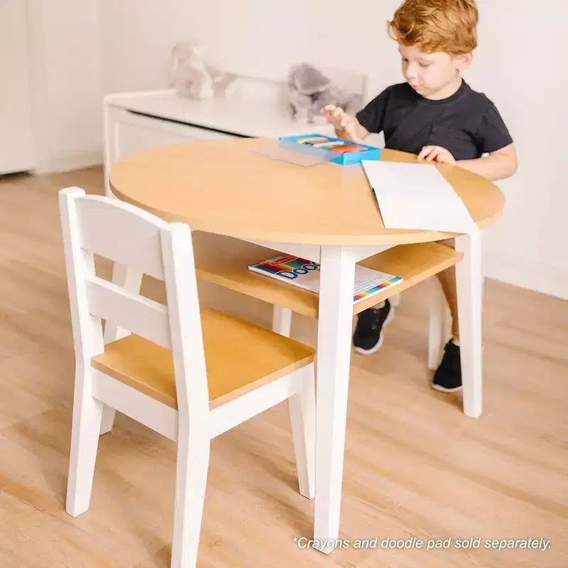 Melissa & Doug Wooden Round Table and 2 Chairs Set – Light Woodgrain and White 2-Tone Finish