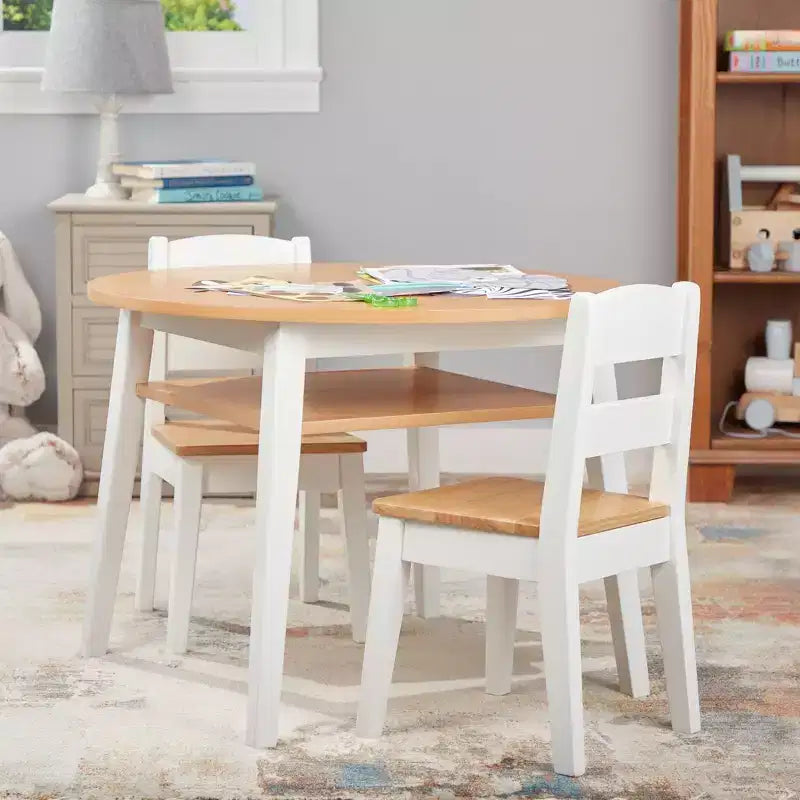 Melissa & Doug Wooden Round Table and 2 Chairs Set – Light Woodgrain and White 2-Tone Finish