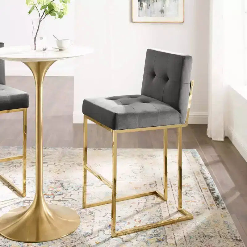 Sgabello da Bar Privy in Velluto con Prestazioni in Acciaio Inossidabile Oro/Antracite - Modway: Sedile Quadrato Imbottito, Design Moderno, Altezza Fissa