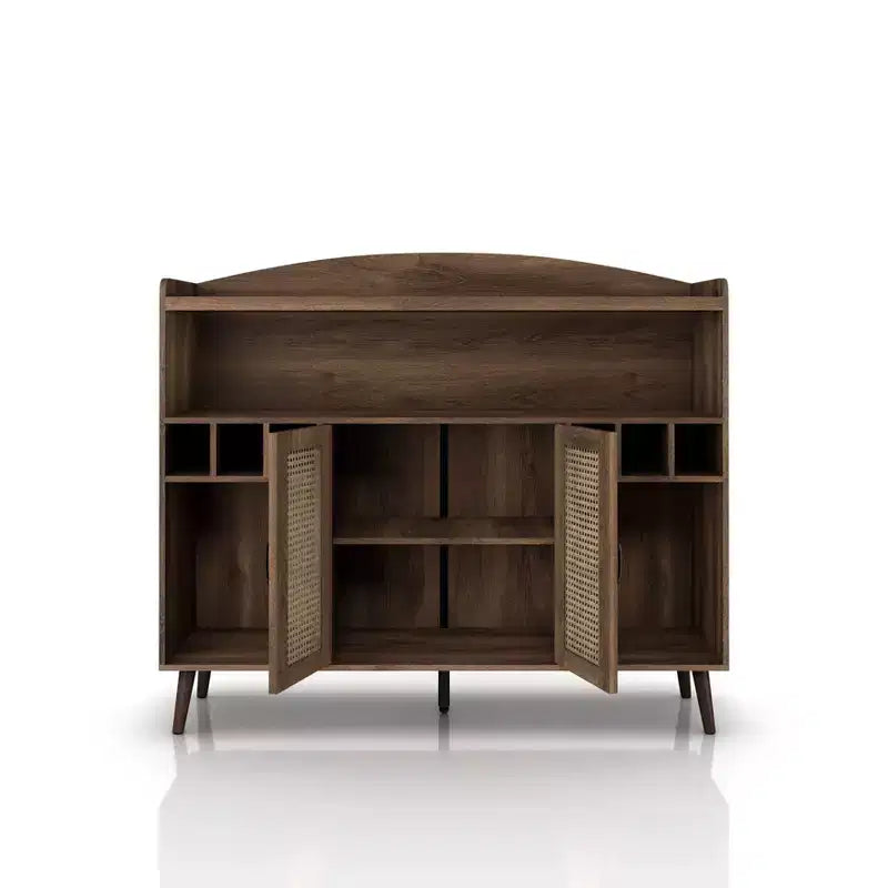 Klimar Open Shelves Buffet Distressed Walnut - miBasics: Midcentury Server, 6-Bottle Cubbies, Woven Door
