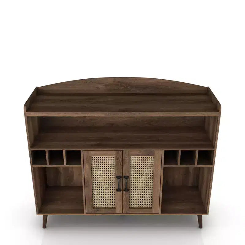 Klimar Open Shelves Buffet Distressed Walnut - miBasics: Midcentury Server, 6-Bottle Cubbies, Woven Door