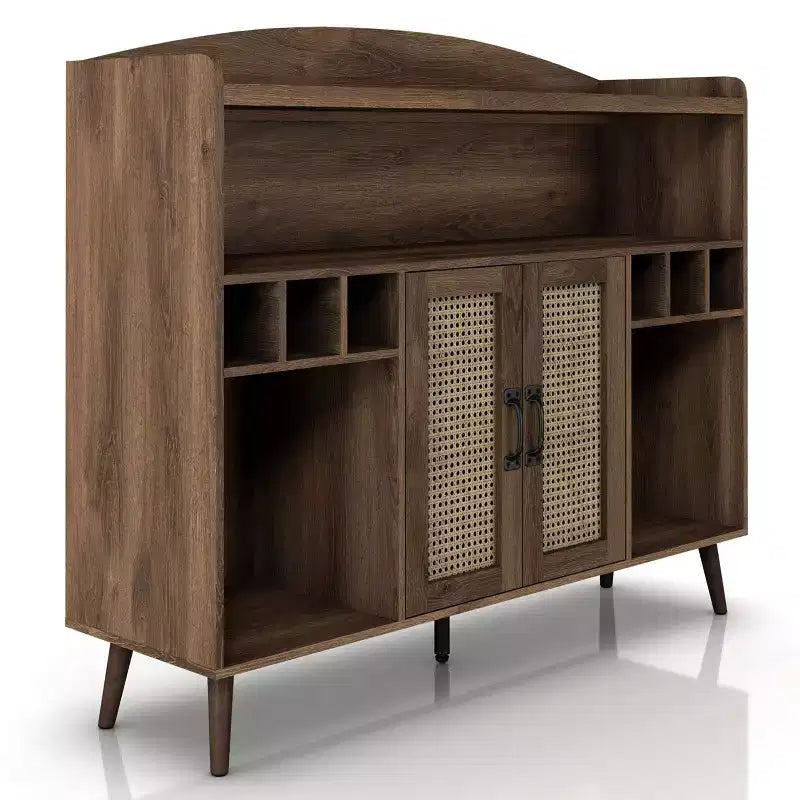 Klimar Open Shelves Buffet Distressed Walnut - miBasics: Midcentury Server, 6-Bottle Cubbies, Woven Door