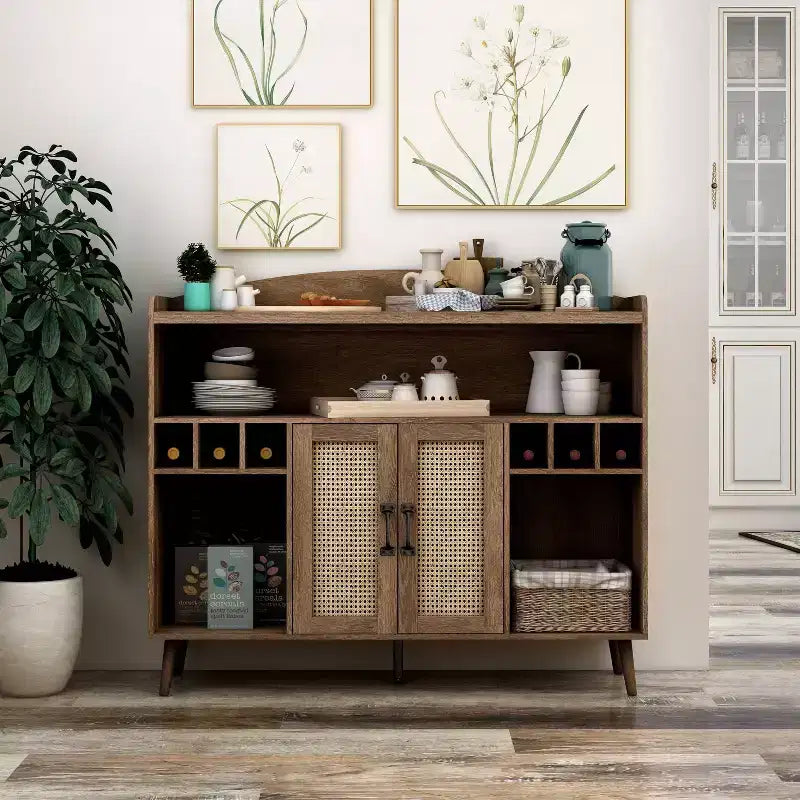 Klimar Open Shelves Buffet Distressed Walnut - miBasics: Midcentury Server, 6-Bottle Cubbies, Woven Door