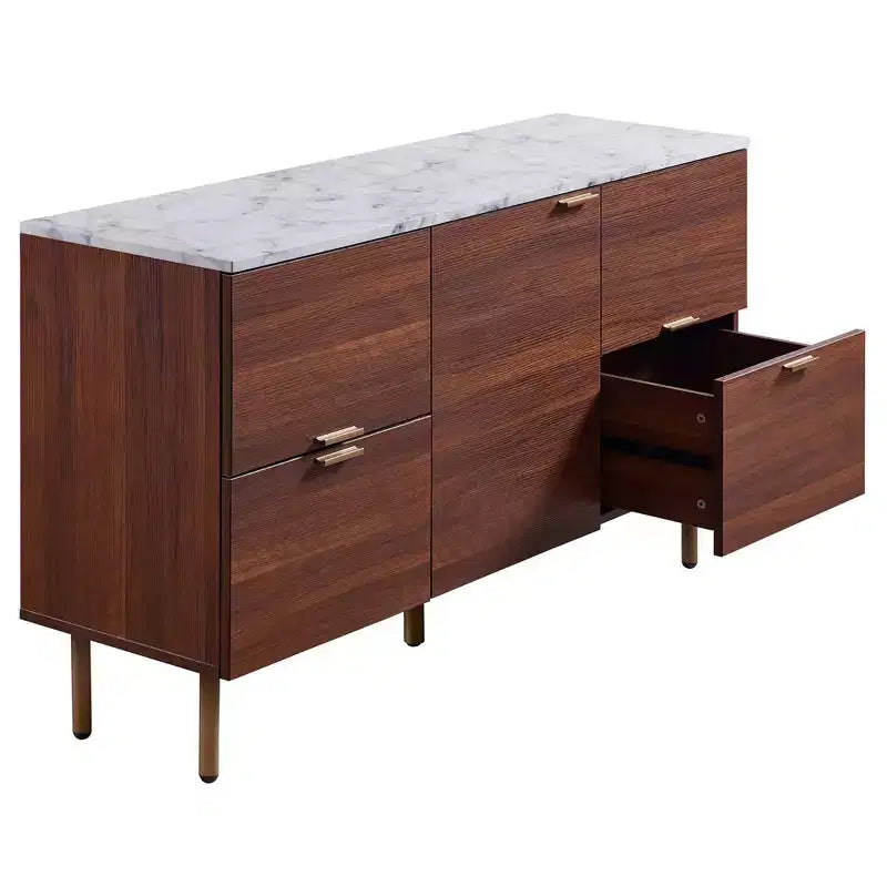 Ashton Sideboard with Faux Marble Top Walnut - Teamson Home: Mid-Century Storage, Brass Legs, Metal Handles