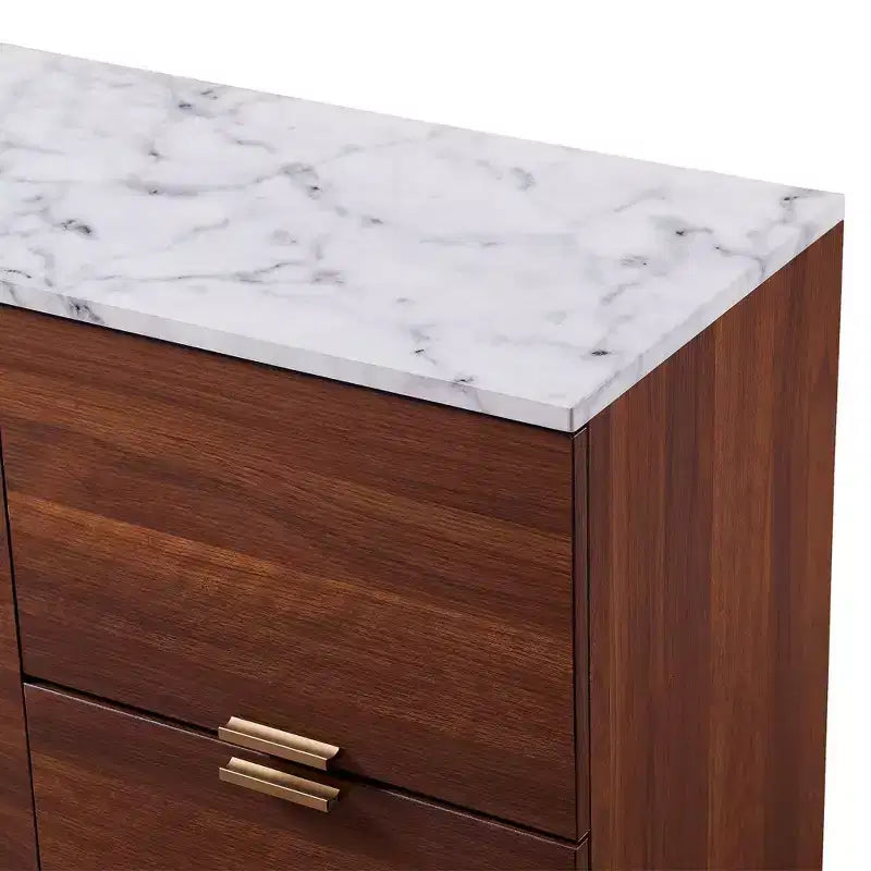 Ashton Sideboard with Faux Marble Top Walnut - Teamson Home: Mid-Century Storage, Brass Legs, Metal Handles