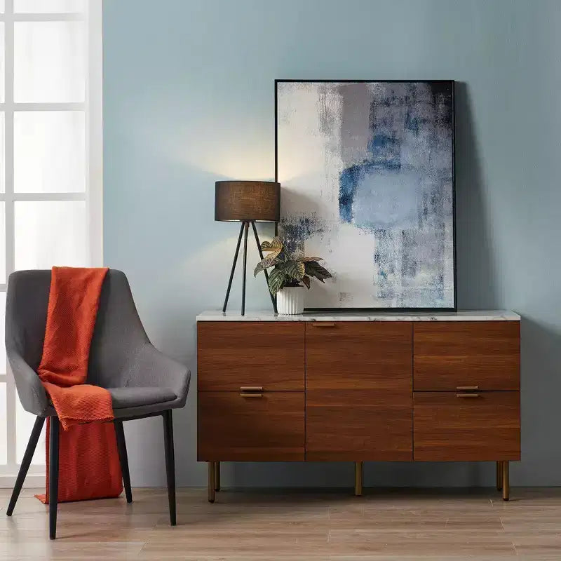 Ashton Sideboard with Faux Marble Top Walnut - Teamson Home: Mid-Century Storage, Brass Legs, Metal Handles