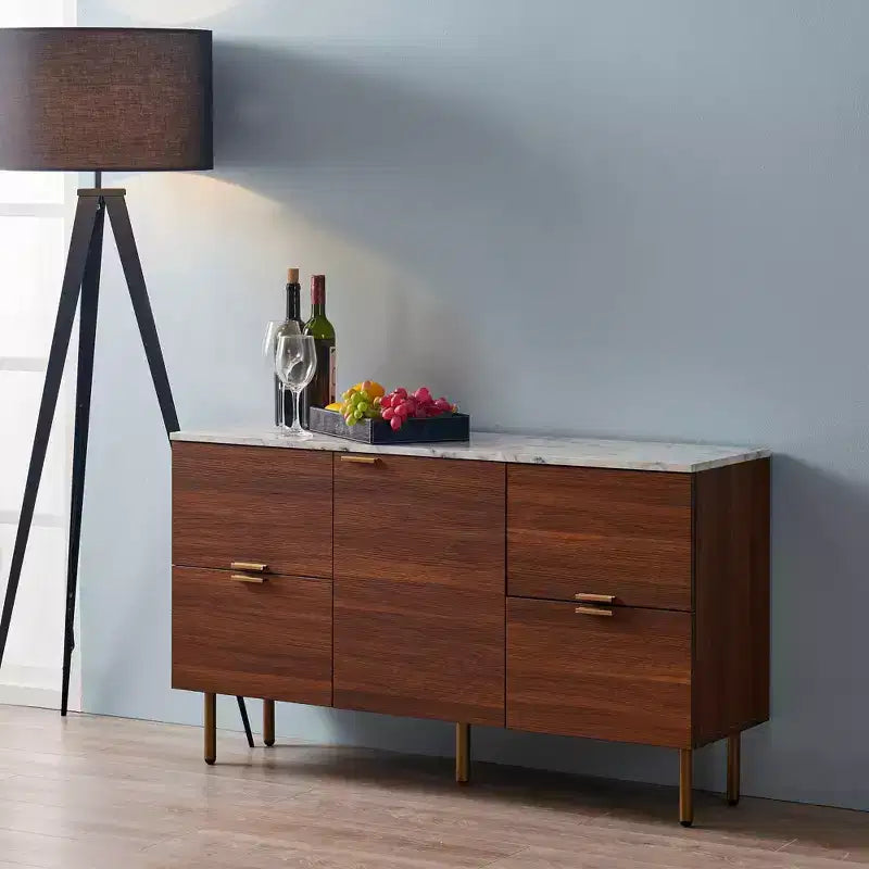 Ashton Sideboard with Faux Marble Top Walnut - Teamson Home: Mid-Century Storage, Brass Legs, Metal Handles
