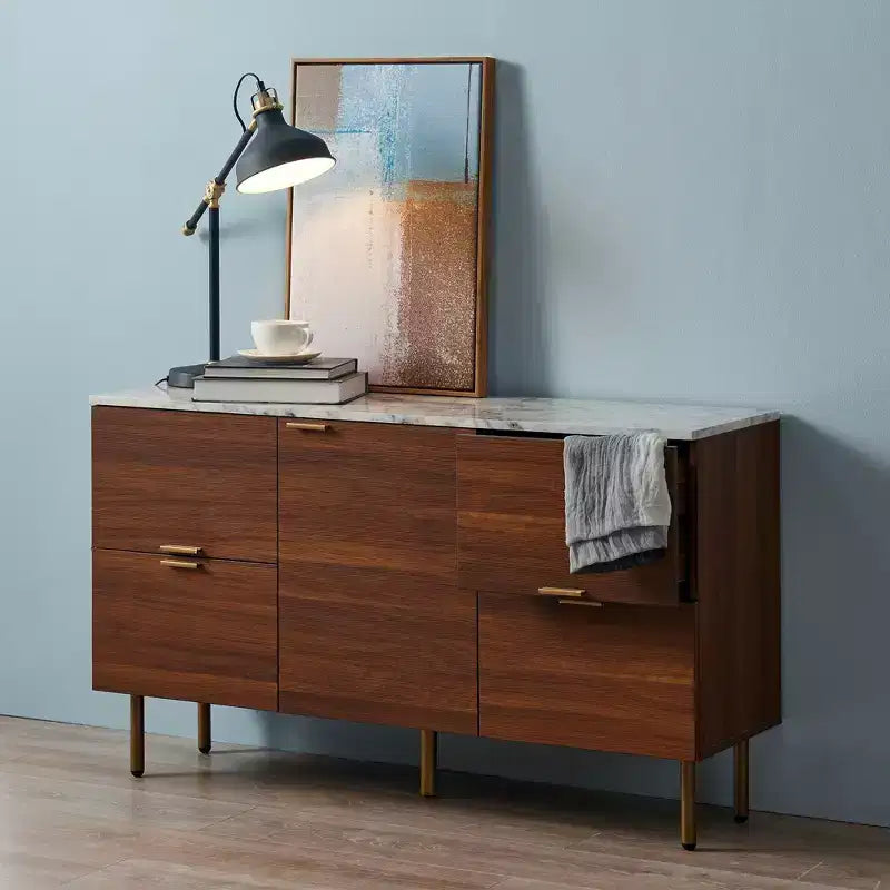 Ashton Sideboard with Faux Marble Top Walnut - Teamson Home: Mid-Century Storage, Brass Legs, Metal Handles