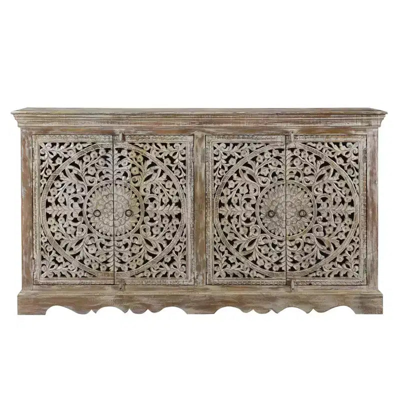 Madia intagliata in legno a 4 ante marrone - Timbergirl: Credenza rustica, nessun assemblaggio richiesto