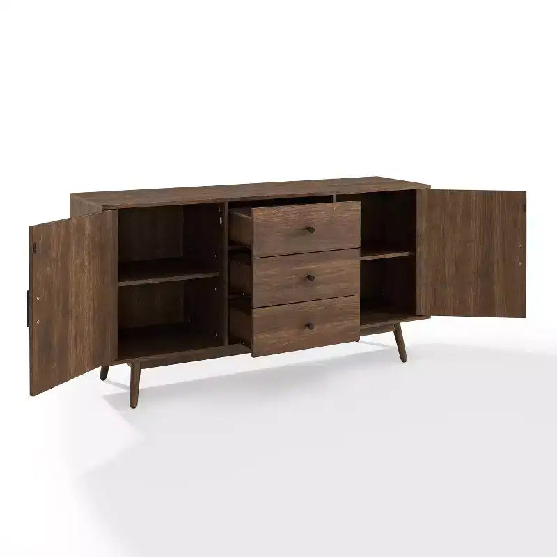 Lucas Sideboard Brown - Crosley: Rustic Mid-Century Modern Buffet with Adjustable Shelves, Drawers, Hardwood Frame