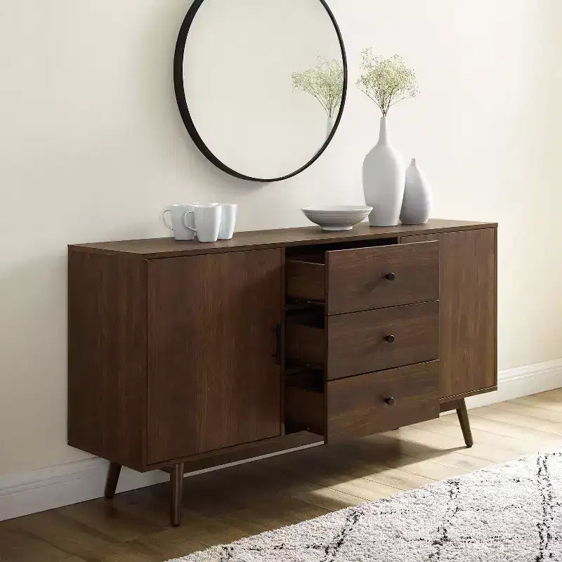 Lucas Sideboard Brown - Crosley: Rustic Mid-Century Modern Buffet with Adjustable Shelves, Drawers, Hardwood Frame
