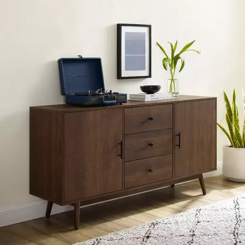 Lucas Sideboard Brown - Crosley: Rustic Mid-Century Modern Buffet with Adjustable Shelves, Drawers, Hardwood Frame
