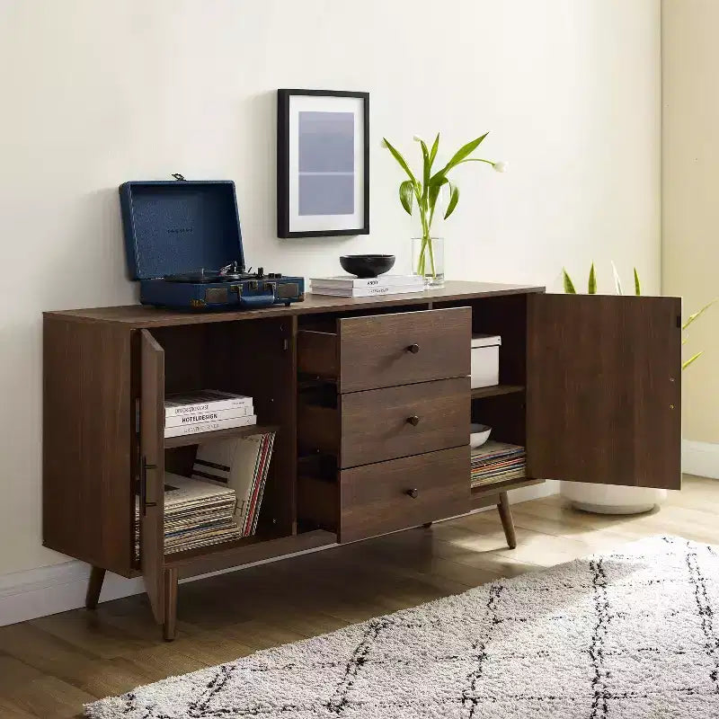 Lucas Sideboard Brown - Crosley: Rustic Mid-Century Modern Buffet with Adjustable Shelves, Drawers, Hardwood Frame
