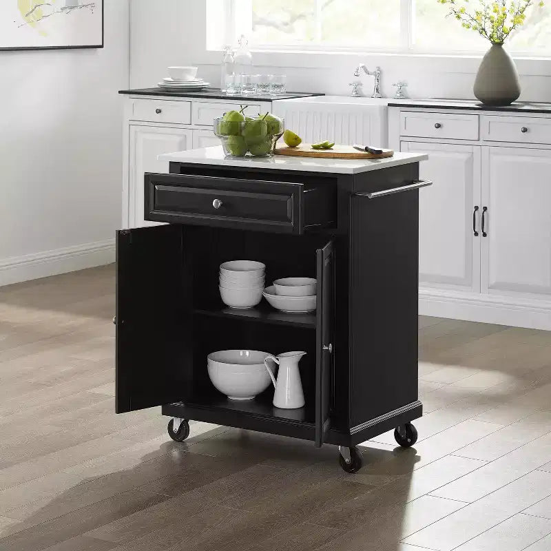 Compact Granite Top Kitchen Cart Black/White - Crosley: Solid Wood, Adjustable Shelf, Towel Bar