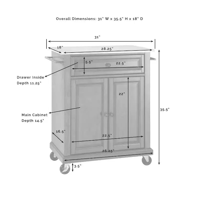 Compact Granite Top Kitchen Cart Black/White - Crosley: Solid Wood, Adjustable Shelf, Towel Bar
