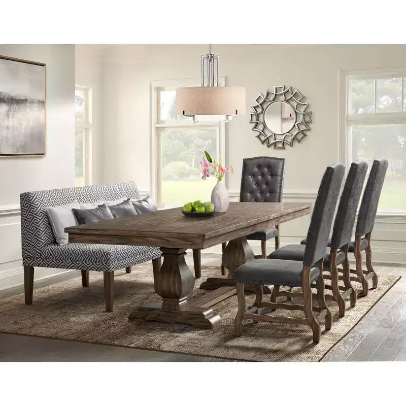 Picket House Furnishings Hayward Rectangle Standard Height Extendable Dining Table Walnut: Modern Double Pedestal, Seats 6