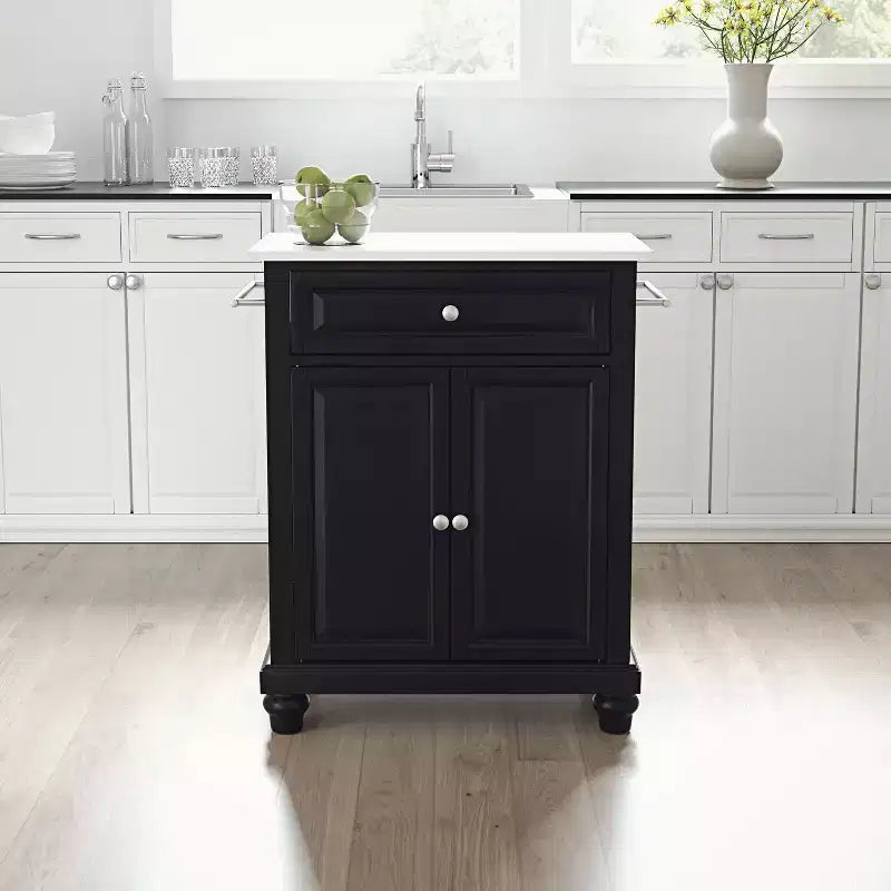 Cambridge Granite Top Compact Kitchen Island Cart Black/White - Crosley: Rubberwood Frame, Towel Bar, Storage Shelves