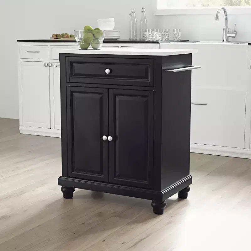 Cambridge Granite Top Compact Kitchen Island Cart Black/White - Crosley: Rubberwood Frame, Towel Bar, Storage Shelves