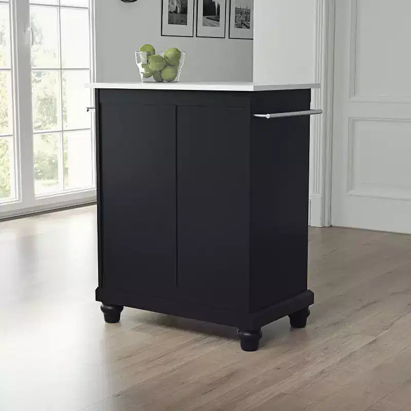 Cambridge Granite Top Compact Kitchen Island Cart Black/White - Crosley: Rubberwood Frame, Towel Bar, Storage Shelves