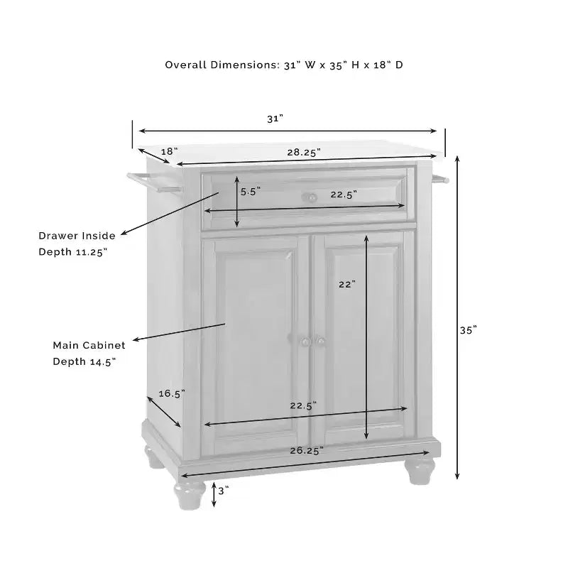 Cambridge Granite Top Compact Kitchen Island Cart Black/White - Crosley: Rubberwood Frame, Towel Bar, Storage Shelves