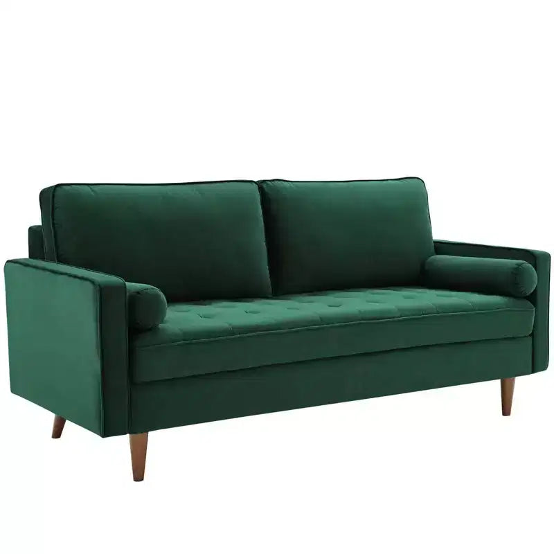 Divano Valour Performance Velvet Verde - Modway: Design Trapuntato Mid-Century, Piedini Tinta Noce, Capacità 400 kg