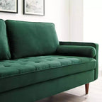 Divano Valour Performance Velvet Verde - Modway: Design Trapuntato Mid-Century, Piedini Tinta Noce, Capacità 400 kg
