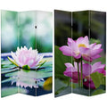6" Double Sided Lotus Blossom Canvas Room Divider Green - Oriental Furniture: Adjustable 3-Panel Privacy Screen, Spruce Wood Frame