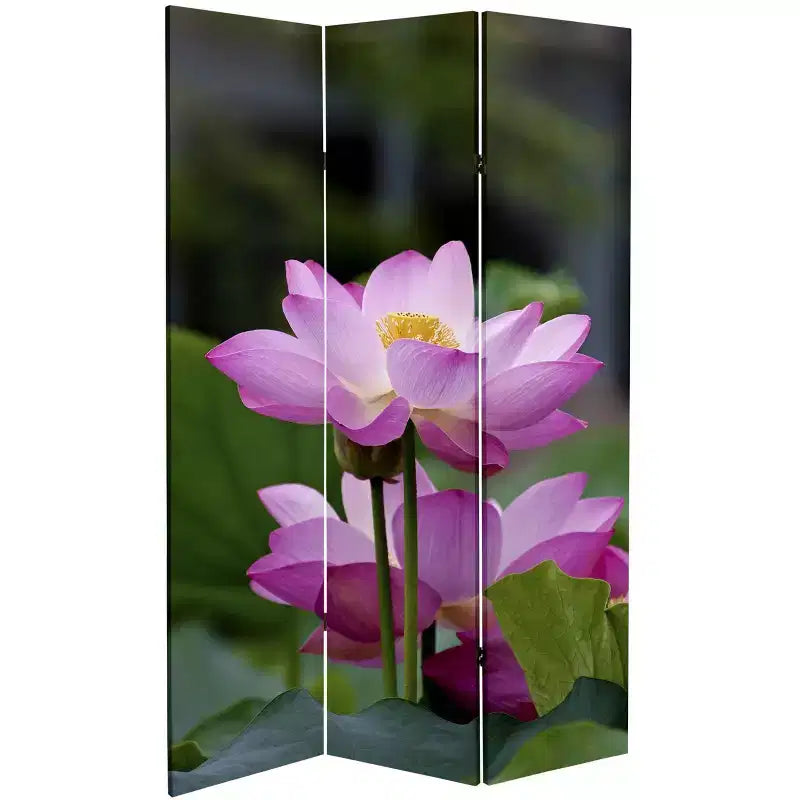 6" Double Sided Lotus Blossom Canvas Room Divider Green - Oriental Furniture: Adjustable 3-Panel Privacy Screen, Spruce Wood Frame