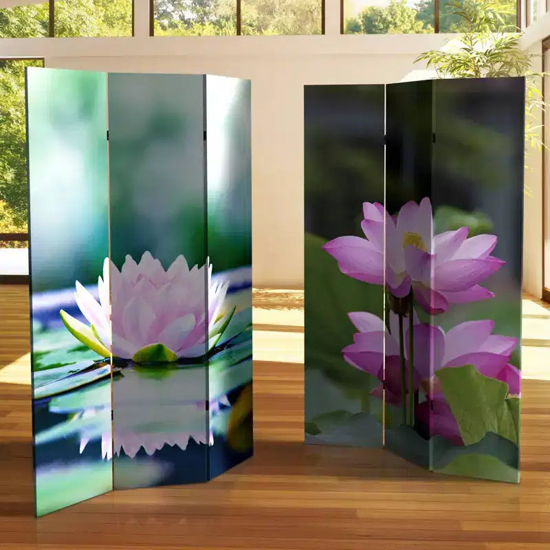 6" Double Sided Lotus Blossom Canvas Room Divider Green - Oriental Furniture: Adjustable 3-Panel Privacy Screen, Spruce Wood Frame
