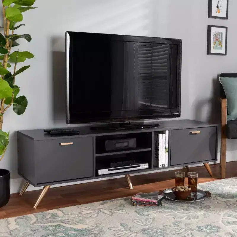 Kelson Wood TV Stand for TVs up to 55" Dark Gray/Gold - Baxton Studio: Modern Console with Storage