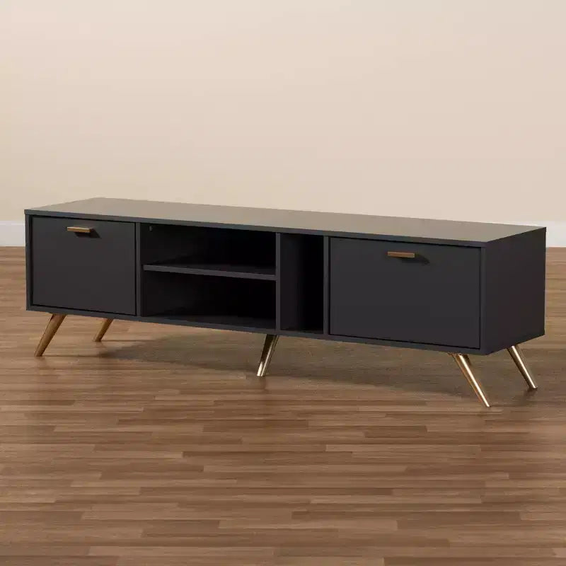 Kelson Wood TV Stand for TVs up to 55" Dark Gray/Gold - Baxton Studio: Modern Console with Storage
