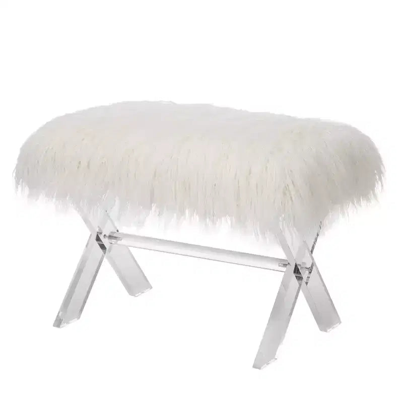 26" Faux Fur Upholstered Bench with Acrylic X Leg White - Glitzhome