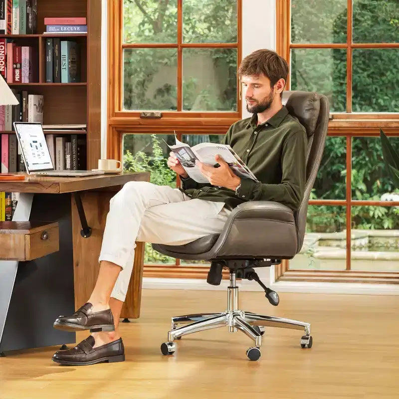 Mid-Century Modern Brownish Leatherette Adjustable Swivel High Back Office Chair Gray - Glitzhome: Upholstered with Fixed Arms & Plywood Frame
