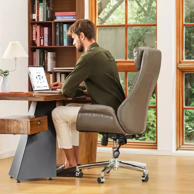 Mid-Century Modern Brownish Leatherette Adjustable Swivel High Back Office Chair Gray - Glitzhome: Upholstered with Fixed Arms & Plywood Frame