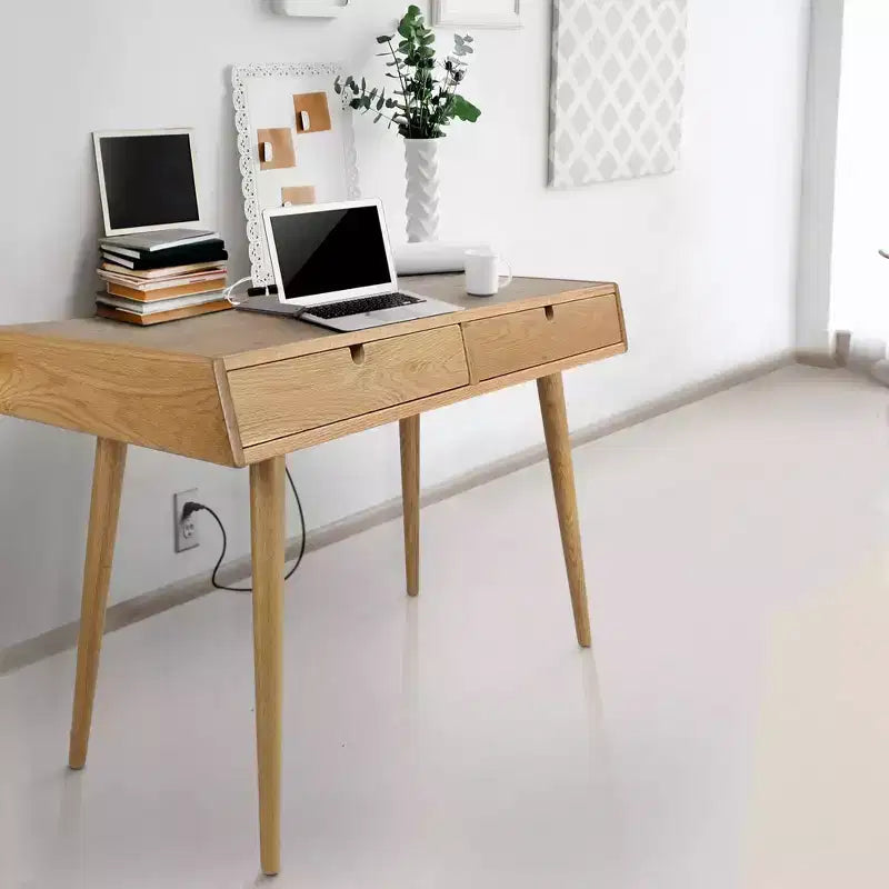 Desk with USB Ports Natural Oak - Flora Home: Pine Wood Construction, 40" Width, Integrated Drawers
