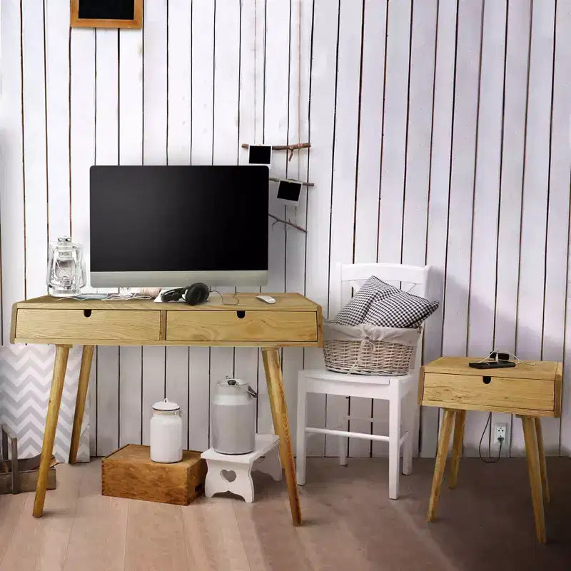 Desk with USB Ports Natural Oak - Flora Home: Pine Wood Construction, 40" Width, Integrated Drawers