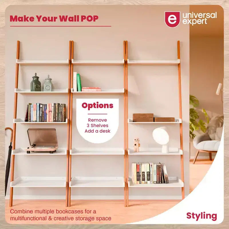 76" Remus Ladder Bookshelf Modern Oak and White - Universal Expert: Wall Leaning Design, 5-Tier Storage