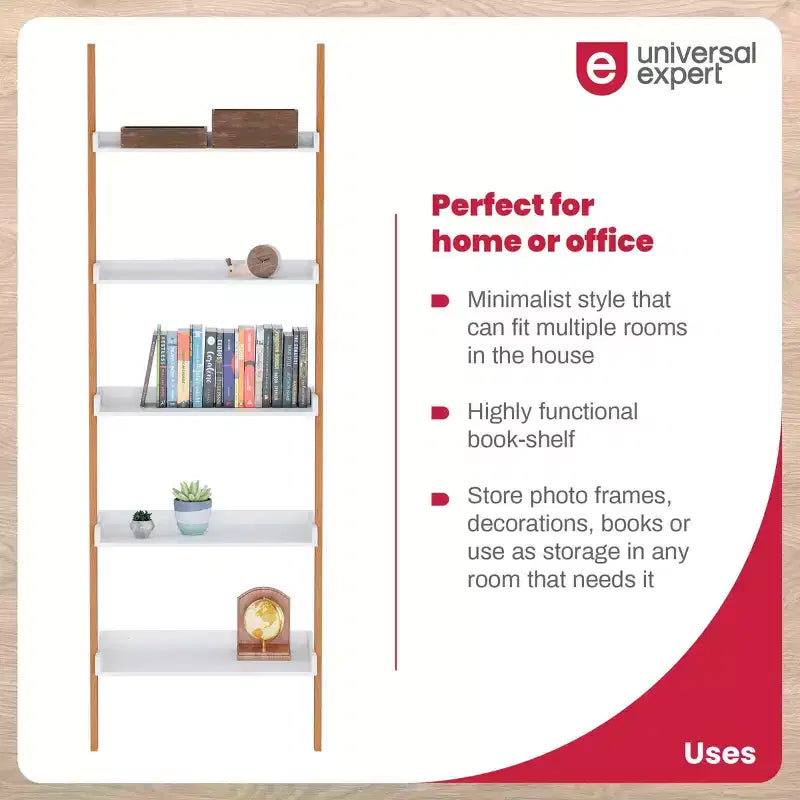 76" Remus Ladder Bookshelf Modern Oak and White - Universal Expert: Wall Leaning Design, 5-Tier Storage