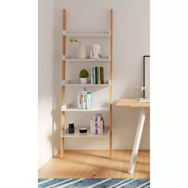76" Remus Ladder Bookshelf Modern Oak and White - Universal Expert: Wall Leaning Design, 5-Tier Storage