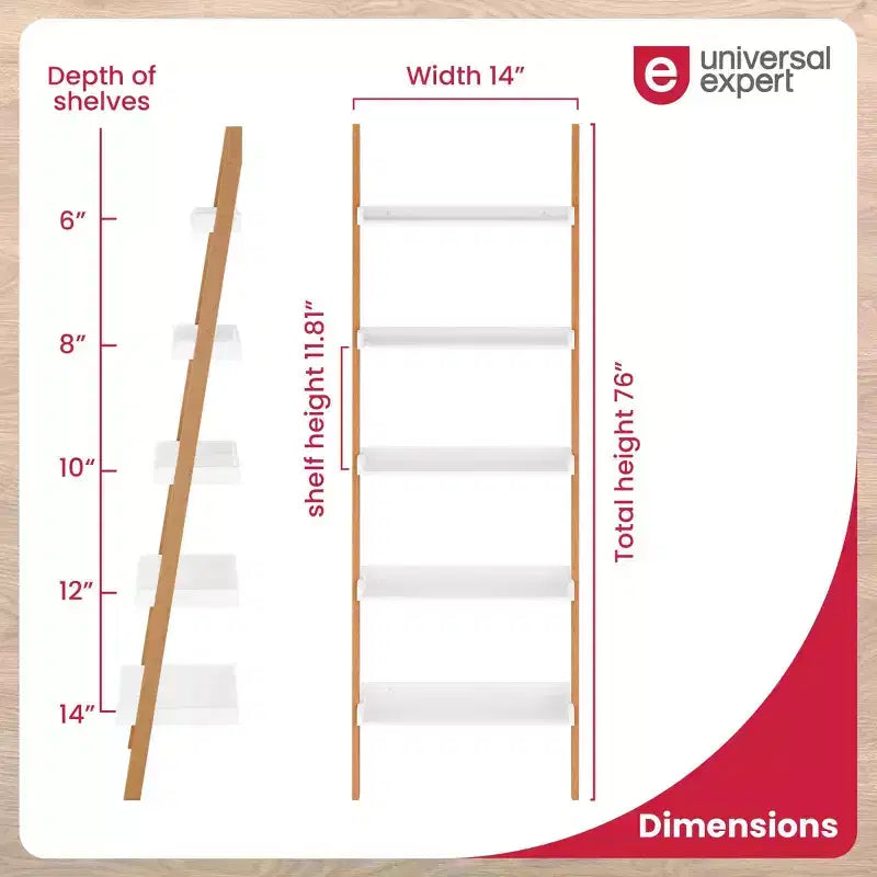 76" Remus Ladder Bookshelf Modern Oak and White - Universal Expert: Wall Leaning Design, 5-Tier Storage