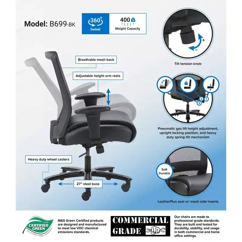 Mesh Heavy Duty Chair Black - Boss Office Products: LeatherPlus Seat, 400 lb Capacity, Adjustable Arms