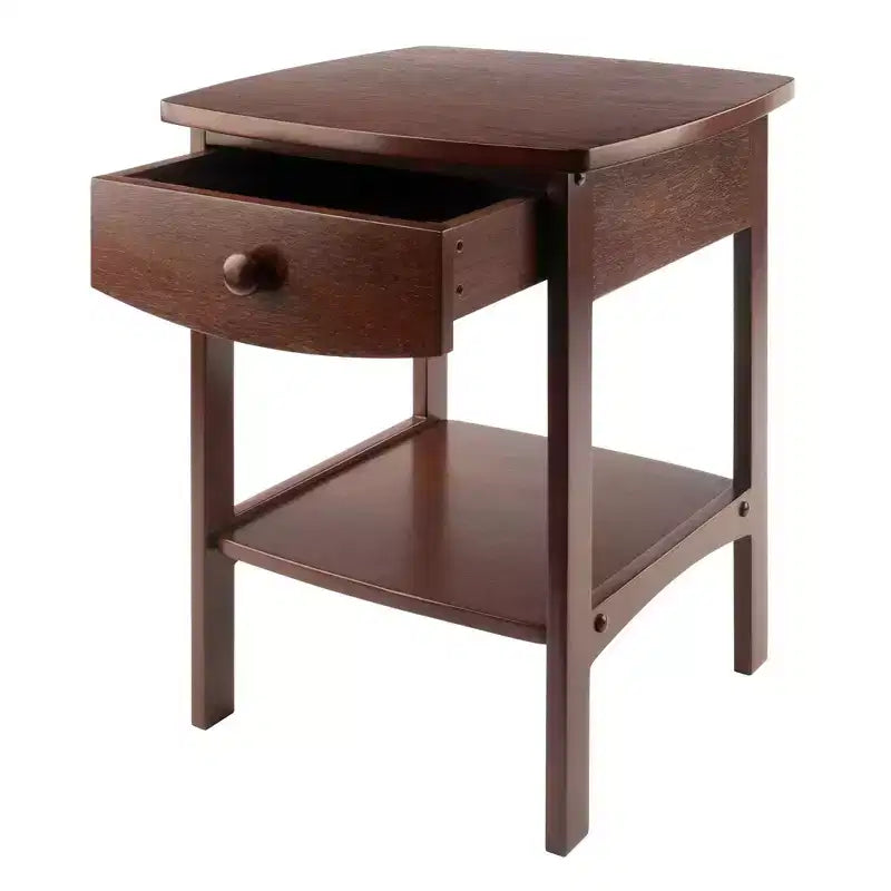 Tavolino Winsome End in noce: struttura in legno massello, piano in MDF, tavolino rettangolare con ripiano e cassetto