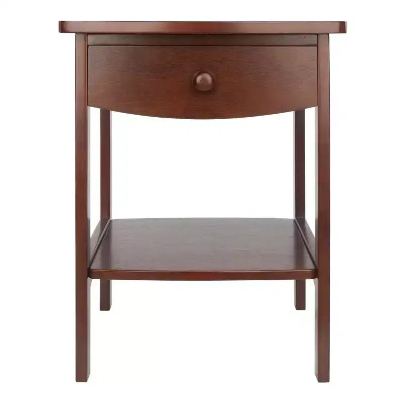Tavolino Winsome End in noce: struttura in legno massello, piano in MDF, tavolino rettangolare con ripiano e cassetto