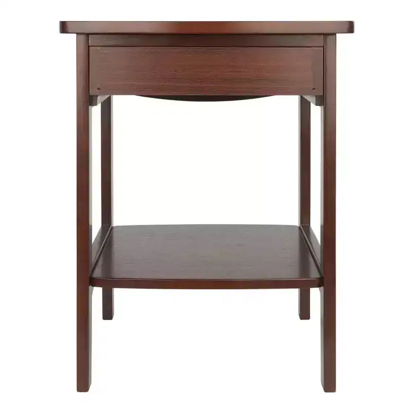 Tavolino Winsome End in noce: struttura in legno massello, piano in MDF, tavolino rettangolare con ripiano e cassetto