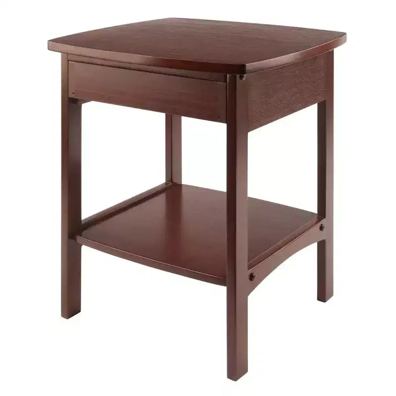 Tavolino Winsome End in noce: struttura in legno massello, piano in MDF, tavolino rettangolare con ripiano e cassetto