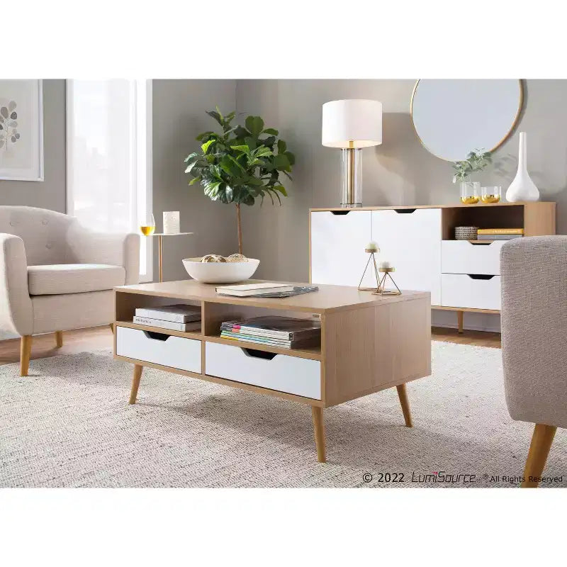 Tavolino Astro: Rettangolare Bianco Contemporaneo con Cassetti e Ripiani, Struttura in Legno Composito, Arredamento Soggiorno
