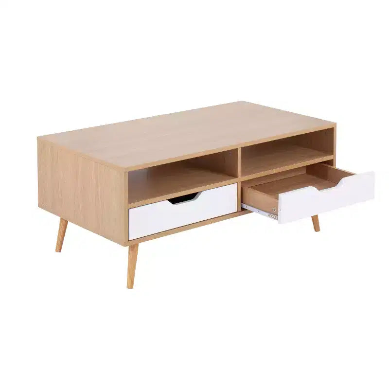 Tavolino Astro: Rettangolare Bianco Contemporaneo con Cassetti e Ripiani, Struttura in Legno Composito, Arredamento Soggiorno